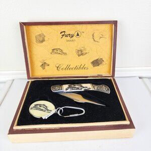Fury Collectibles Fish Stainless Knife and Keychain in Wooden Box NWT